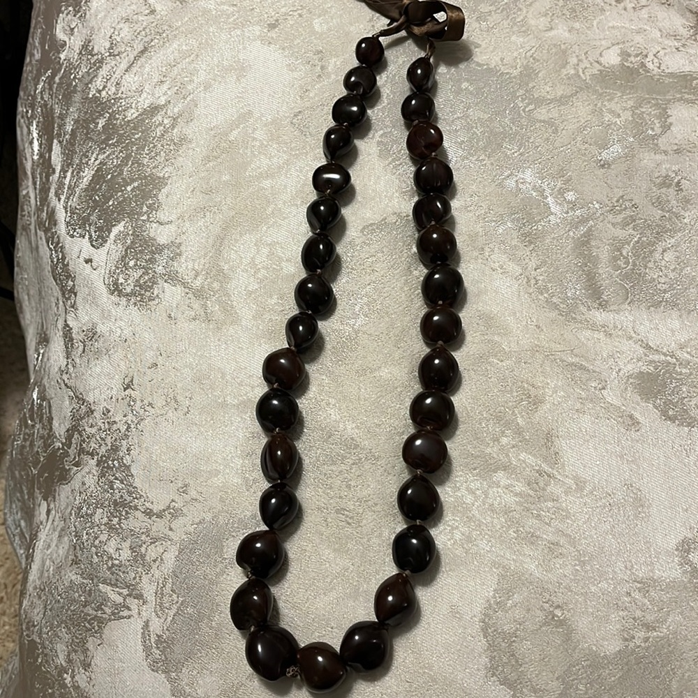 Brown necklace, ribbon tie closure